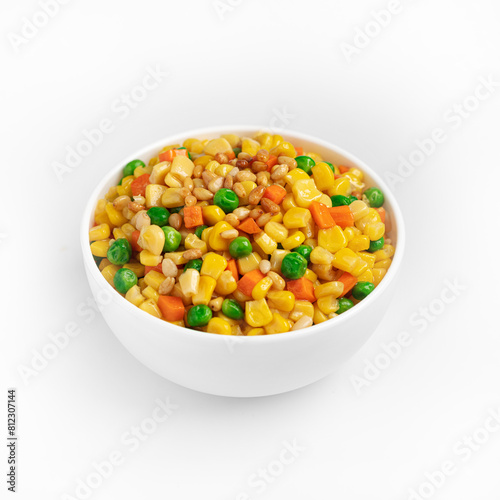 Corn, green peas and carrots stir fry, Chinese food, on a white background, isolate