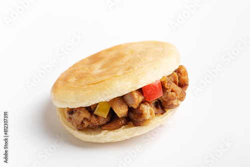 Chinese pork burger, Rou Jia Mo, asian cuisine dish, on a white background