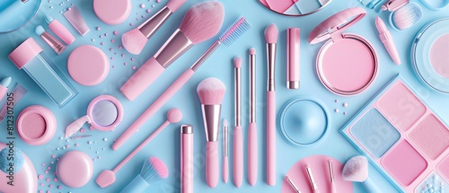 3D render of a pastel pink and blue color palette of makeup tools in a knolling layout, in a flat lay, in a wide shot, with studio lighting, on a background.