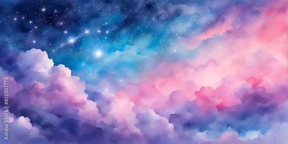 Watercolor sky with clouds and stars, dreamy, soft blue purple and pink color background , banner	