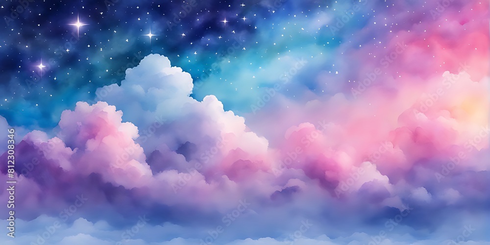 Watercolor sky with clouds and stars, dreamy, soft blue purple and pink color background , banner	