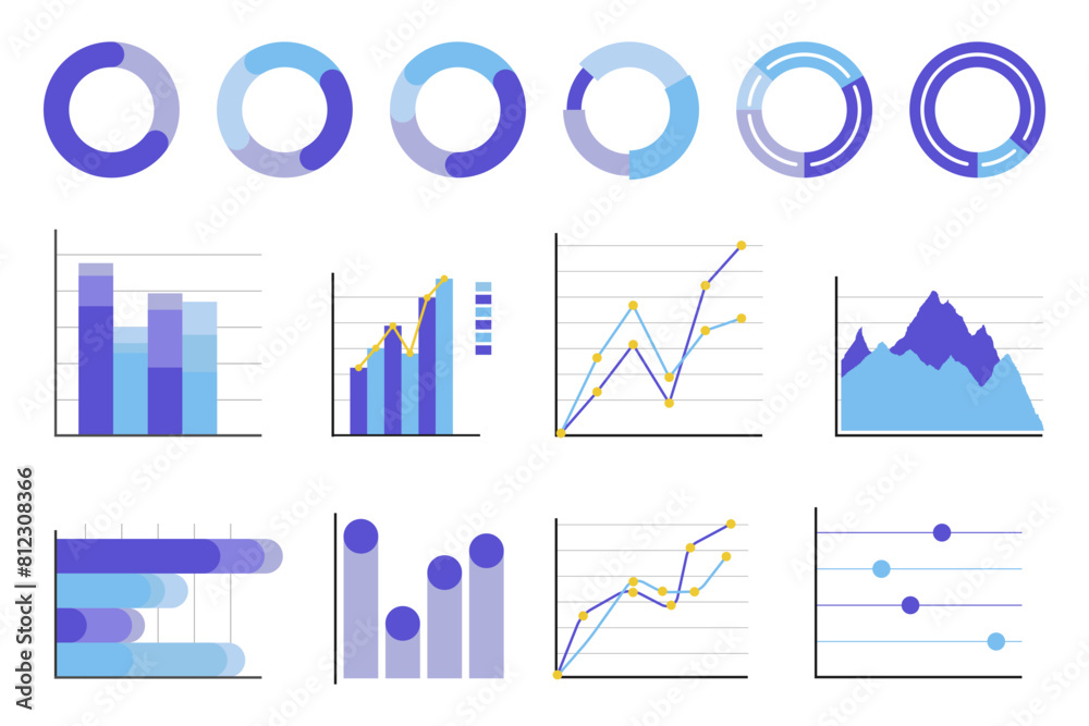 Business analytics graph, pie chart, bar chart icons vector design. Simple data infographic icons set for your presentation. Marketing, research, seo, strategy