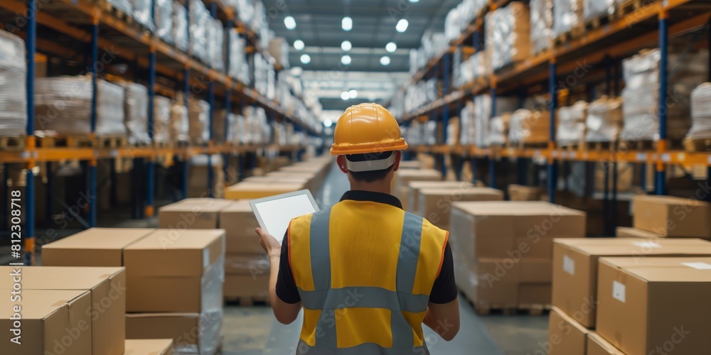 A warehouse worker in a high-visibility vest is using a tablet to check inventory in a large warehouse A warehouse worker in a high-visibility vest is using a tablet to check inventory in a large warehouse