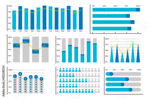 Vibrant graph and chart vector icons set for data visualization. Statistical analysis graphs design for data reports. Marketing, seo, research, strategy, business