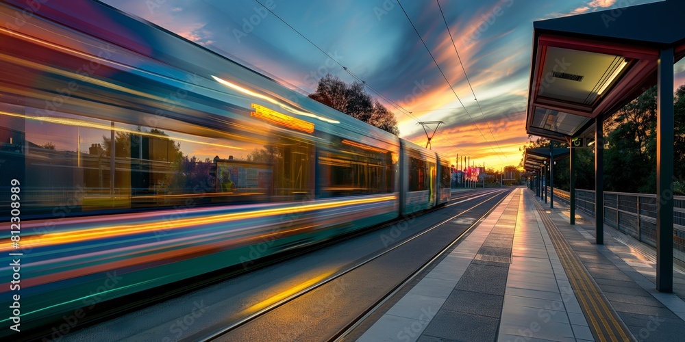 A speeding tram blurs past on city tracks, capturing the dynamic movement during a vibrant sunset