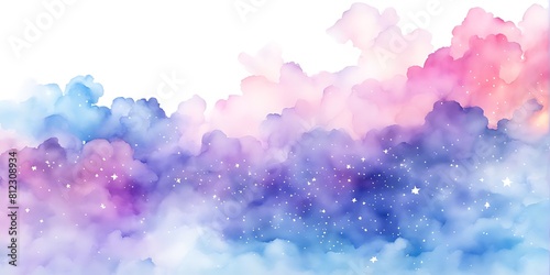 Watercolor sky with clouds and stars  dreamy  soft blue purple and pink color background   banner 