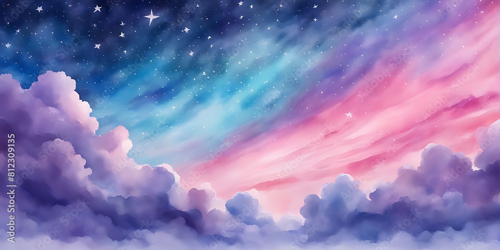 Watercolor sky with clouds and stars, dreamy, soft blue purple and pink color background , banner Watercolor sky with clouds and stars, dreamy, soft blue purple and pink color background , banner