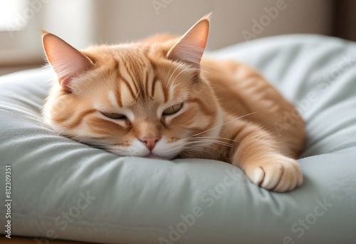 A cute cat sleeping, laying on a couch in a warm house. Close up.  © Gia