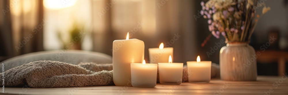 Cozy ambiance with lit candles, a towel and flowers in a peaceful setting Cozy ambiance with lit candles, a towel and flowers in a peaceful setting