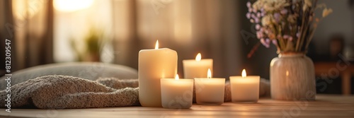 Cozy ambiance with lit candles, a towel and flowers in a peaceful setting