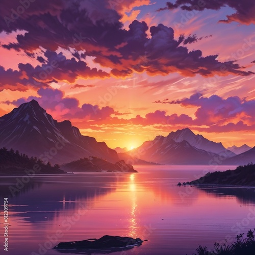 Digital painting vibrant sunset over a serene lake with mountain colorful clouds © figi
