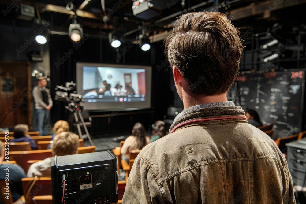 A young man is watching a live-streamed event on a large screen in a theater. A young man is watching a live-streamed event on a large screen in a theater.