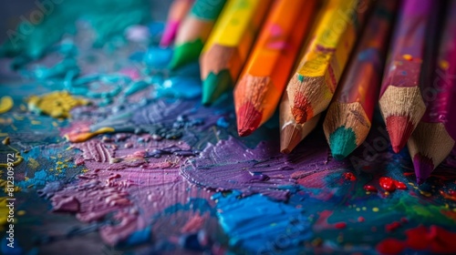 Colorful sharpened pencils on abstract colorful background.