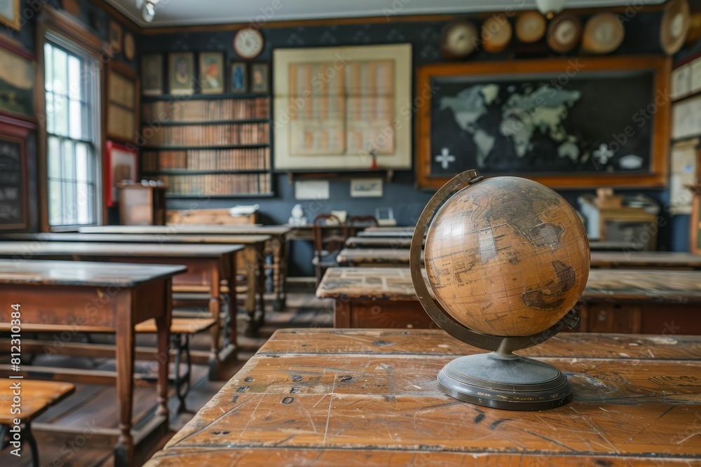 The photo shows a vintage classroom with a globe on the teacher's desk ...