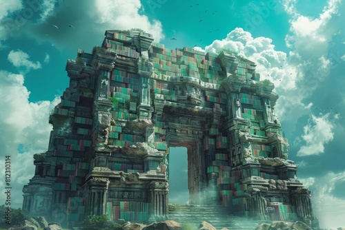 The image is a digital painting of a ruined temple. The temple is made of gray stone and is covered in vines. The sky is blue and there are clouds.