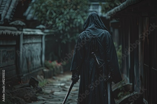a person in a black robe with a cane photo