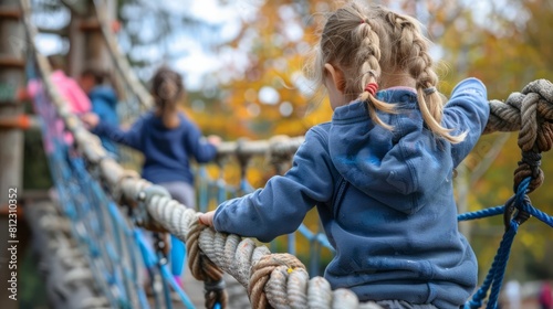 The image shows a girl with blonde hair in a blue sweatshirt on the rope bridge in the park. photo