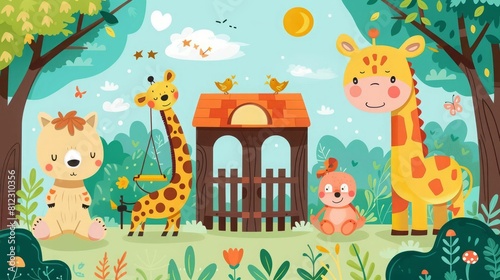 The image shows a group of cute and friendly animals in a colorful and whimsical forest setting
