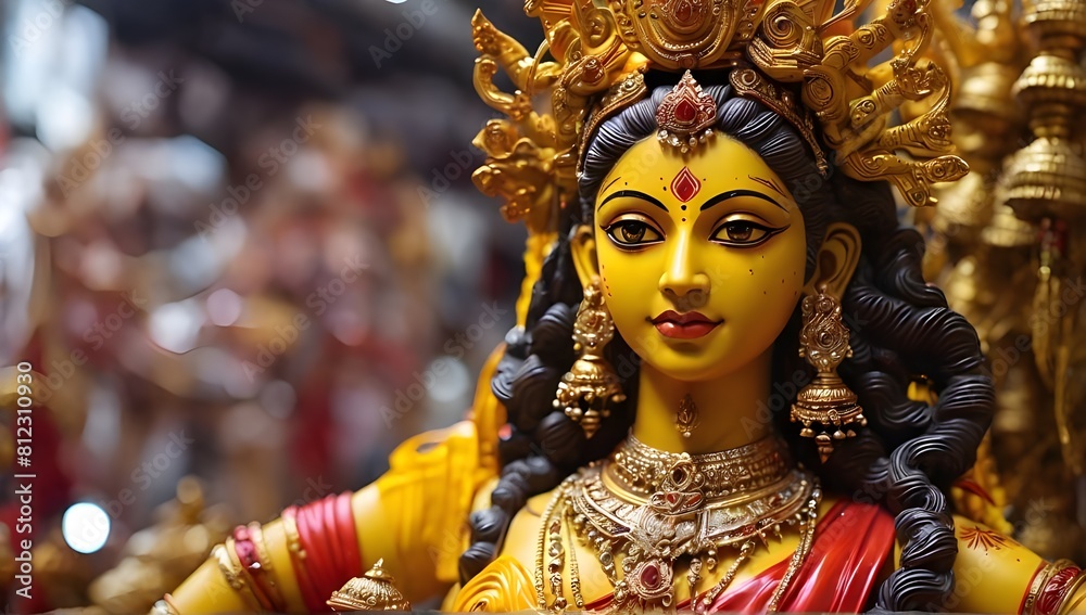 Close up of yellow colour Durga goddess idol with red clothing newly made at a workshop for the religious hindu festival. Indian Durga idol with jewellery and ... See More generate ai