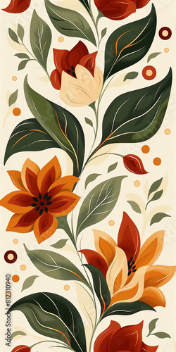 A charming majolica pattern on tiles featuring leaves and chickpeas, designed in a flat style. The color palette includes white, beige, saffron, and green, creating a harmonious and inviting design.  © Aleksandra