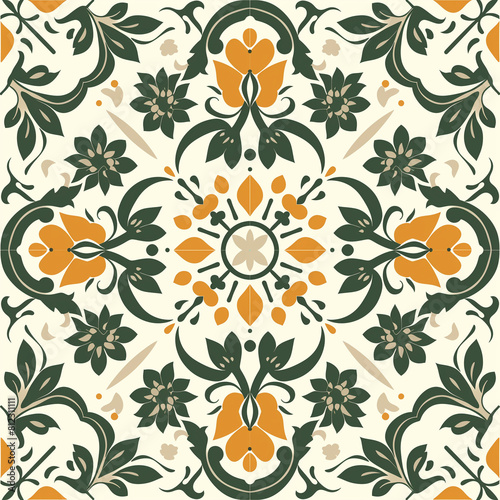 Discover a majolica pattern on tiles featuring leaves and chickpeas in a flat design style. The main colors of this vibrant pattern include white  beige  saffron  and green  creating a visually appeal