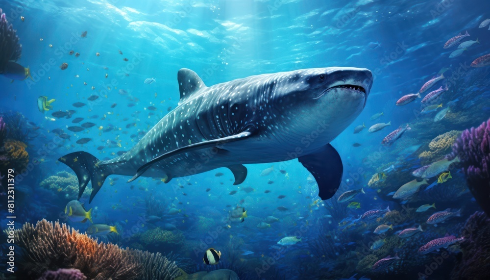 The Giant Sharks in the ocean, portrait of Shark hunting prey in the underwater