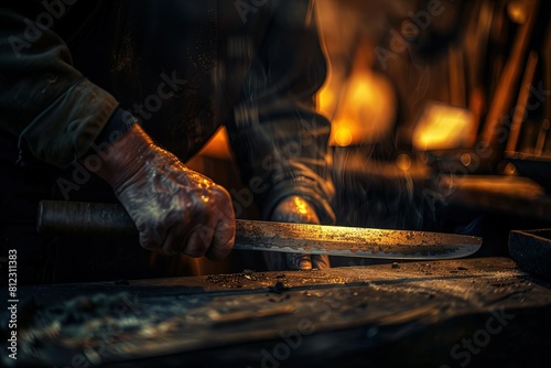 a man working on a piece of metal with a large knife