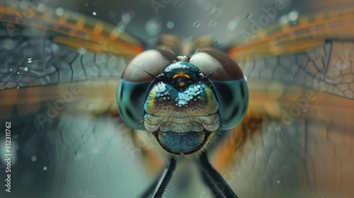 Close up shot of an incredibly beautiful dragonfly with its reflection in the window photo