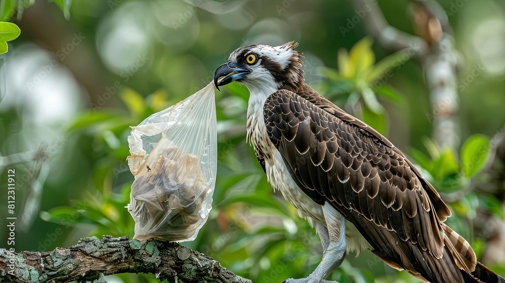 A closeup of an osprey trying to remove a plastic bag caught in its talons while perched on a tree branch A closeup of an osprey trying to remove a plastic bag caught in its talons while perched on a tree branch