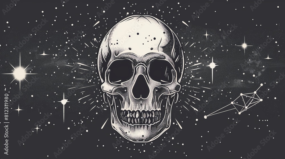 A skull floats in the starry abyss of space, its empty eye sockets seeming to stare into the infinite void