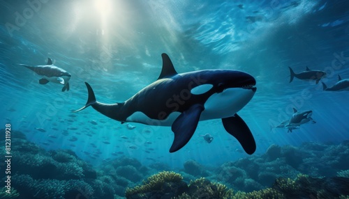 The Orcinus Orca in the ocean  portrait of Orca hunting prey in the underwater