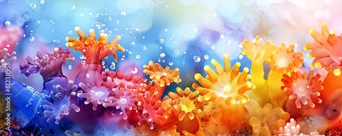 A closeup of vibrant coral polyps with plastic microbeads settled on their surfaces, inhibiting their ability to feed photo