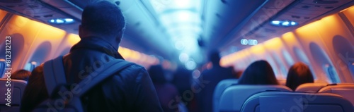 A cozy airplane cabin during a flight with passengers seated and cabin lights on, evoking a sense of travel and adventure photo