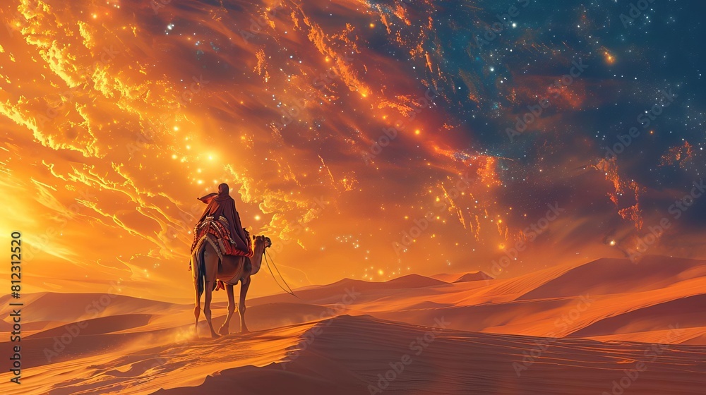 Illustrate a lone nomad navigating through endless sand dunes, guided by the stars and a loyal camel by his side Illustrate a lone nomad navigating through endless sand dunes, guided by the stars and a loyal camel by his side