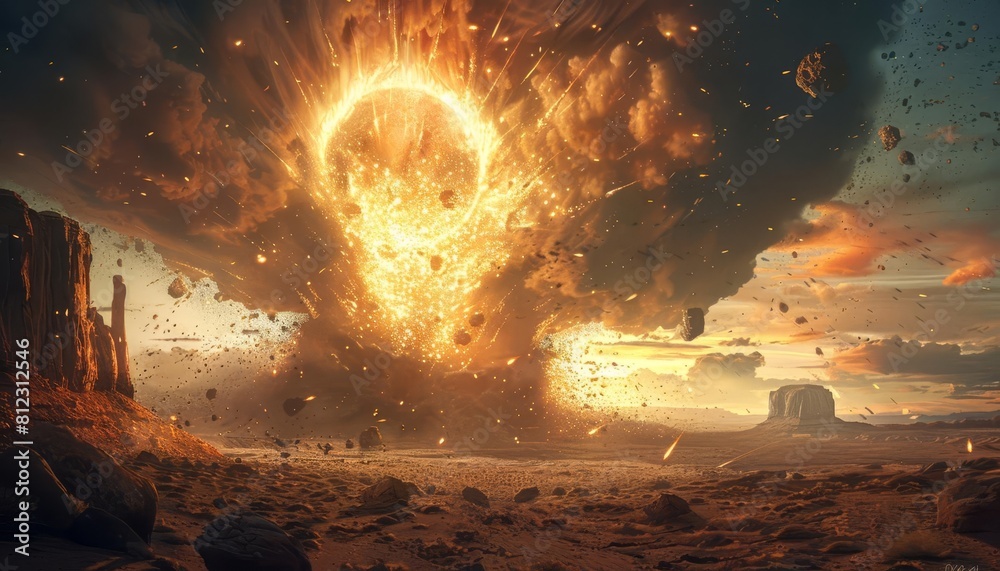 Obraz premium Illustrate a meteorite impacting a desolate landscape, creating a massive explosion and cloud of dust upon collision