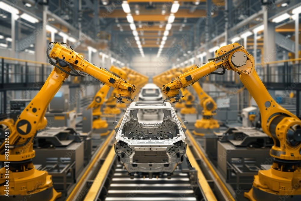 A robot is working on a car in a factory A robot is working on a car in a factory