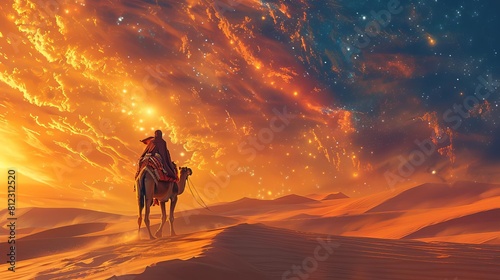 Illustrate a lone nomad navigating through endless sand dunes  guided by the stars and a loyal camel by his side
