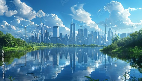 Illustrate a modern city powered entirely by renewable energy sources  featuring solar panels and wind turbines on buildings