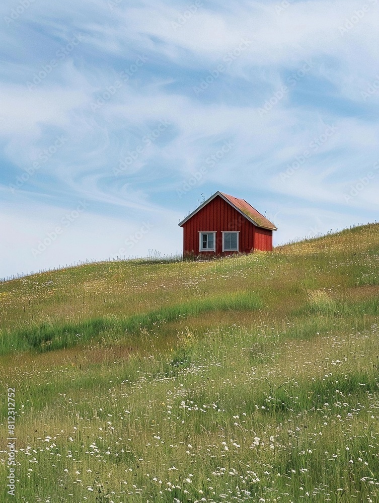 a small red cabin or shed with a pitched roof, situated alone on a grassy hill or meadow. The landscape is rural and sparse, with only some wildflowers in the foreground a small red cabin or shed with a pitched roof, situated alone on a grassy hill or meadow. The landscape is rural and sparse, with only some wildflowers in the foreground
