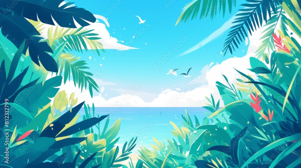 Summer tropical background with palm trees and blue sea. illustration.