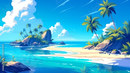 Tropical beach with palm trees and sand. illustration.