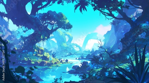 Fantasy forest background. Cartoon illustration of fantasy forest background for web design