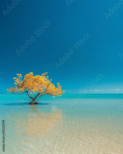 A single tree in shallow beach water makes a striking scene. Its twisted branches and golden leaves contrast sharply with the turquoise ocean and blue sky. The water s smooth surface reflects the tree