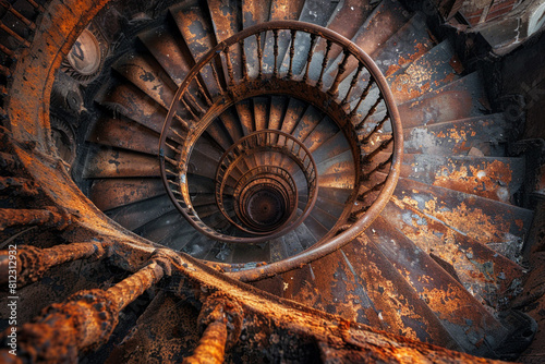 Spiral staircase in an old clock tower  captured from the base  with mechanical gears visible above.