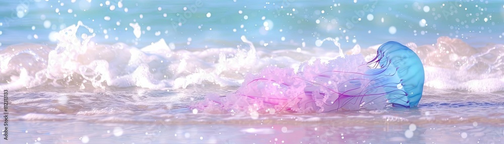 A jellyfish entangled in plastic sixpack rings on a polluted beach, with the ocean waves in the background. Watercolor style. A jellyfish entangled in plastic sixpack rings on a polluted beach, with the ocean waves in the background. Watercolor style.