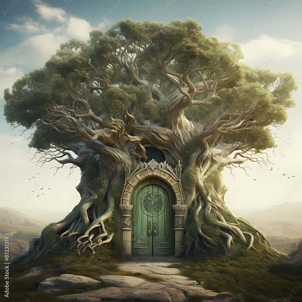 Fotografie Ancient tree with doors leading to different dimension