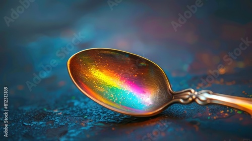 Colorful, rainbow-hued spoon resting on textured blue surface