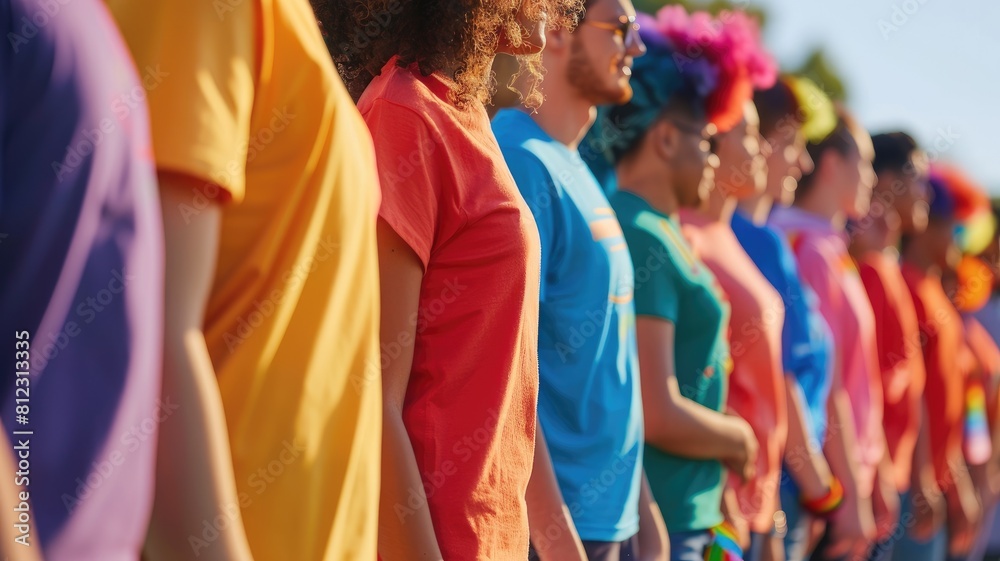 Fototapeta premium Diverse group of individuals lined up wearing colorful shirts representing pride