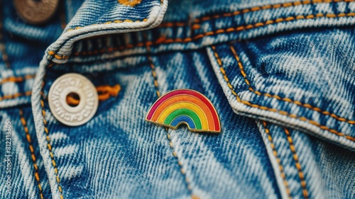Rainbow enamel pin attached to denim jacket near button photo