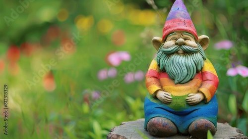 Colorful garden gnome statue against vibrant, blurred floral background